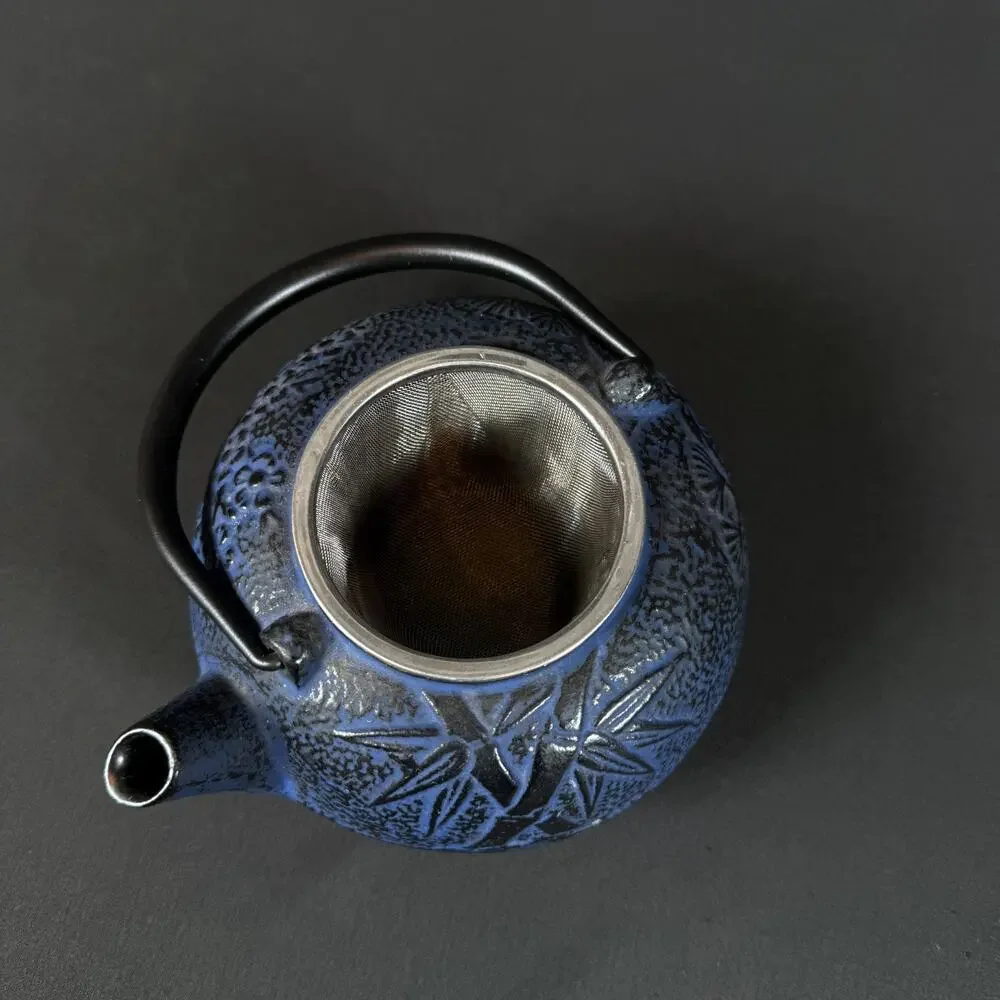 Japanese blue Cast Iron Teapot Black Bamboo Design Heavy